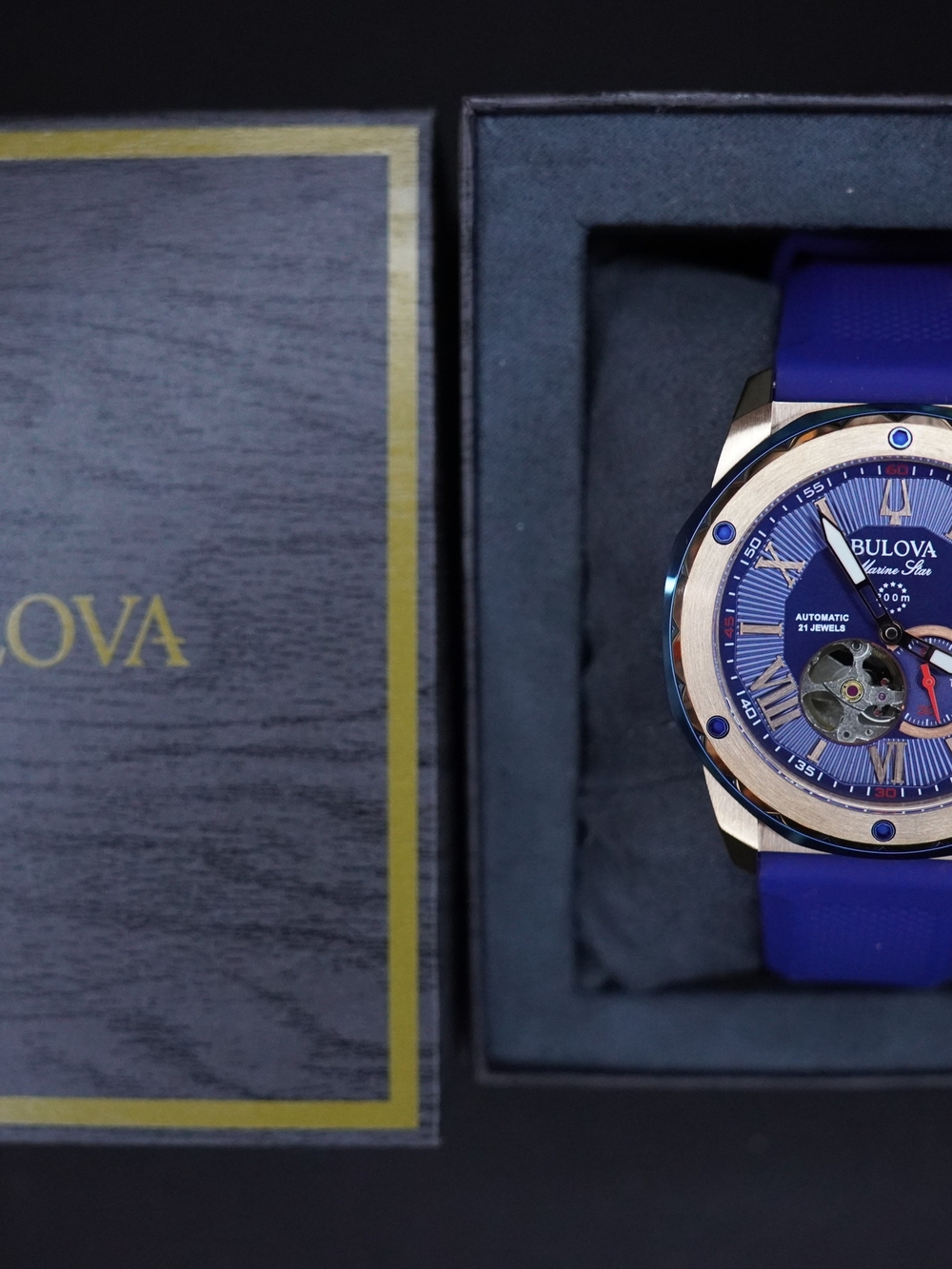 Bulova Marine Star Automatic Rose Gold 98A227 Tone Blue Dial Silicone Band Watch